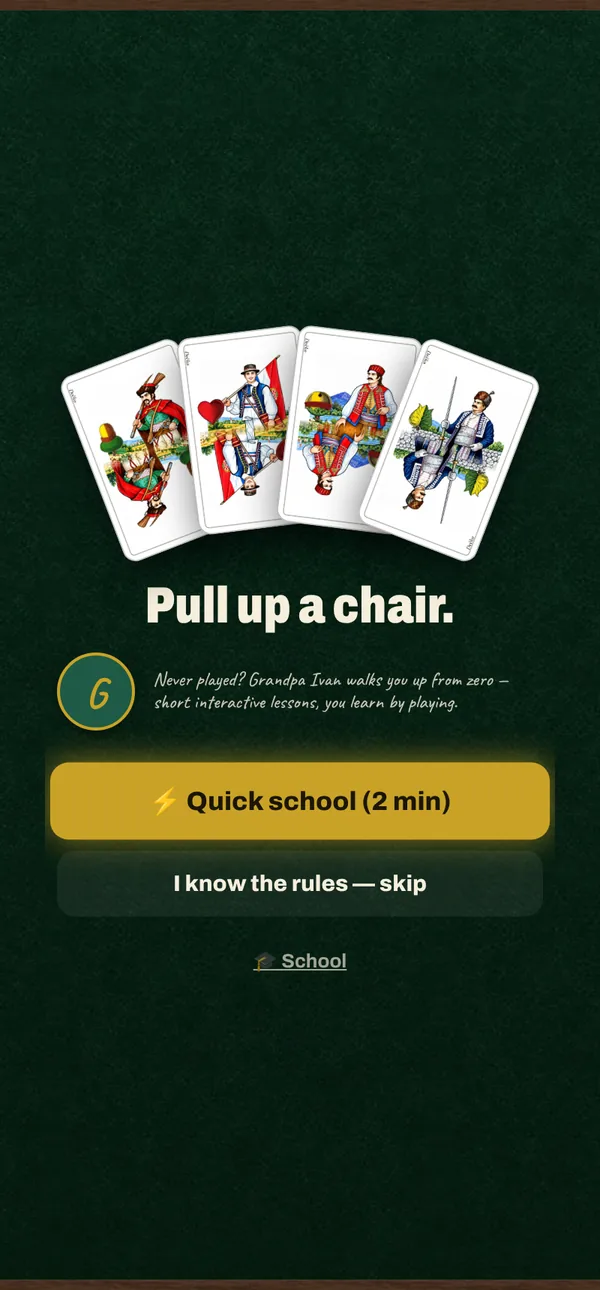 Bela onboarding screen with illustrated Croatian playing cards