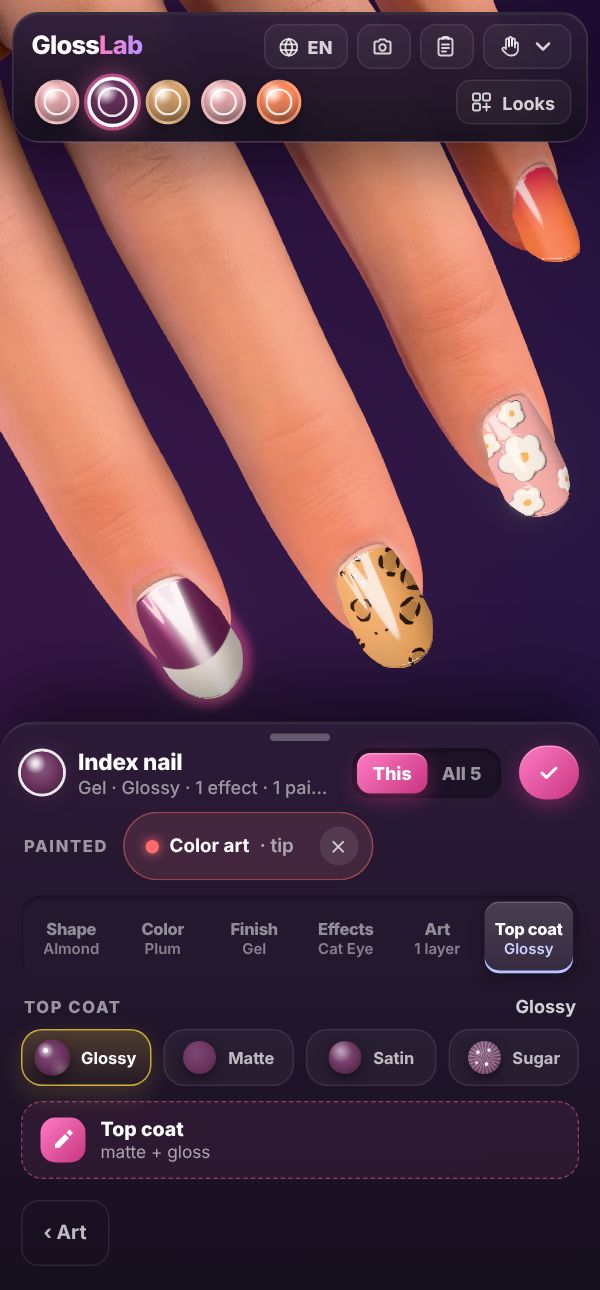 GlossLab hand with a different design on each nail: leopard, aura, mirror chrome and 3D flowers