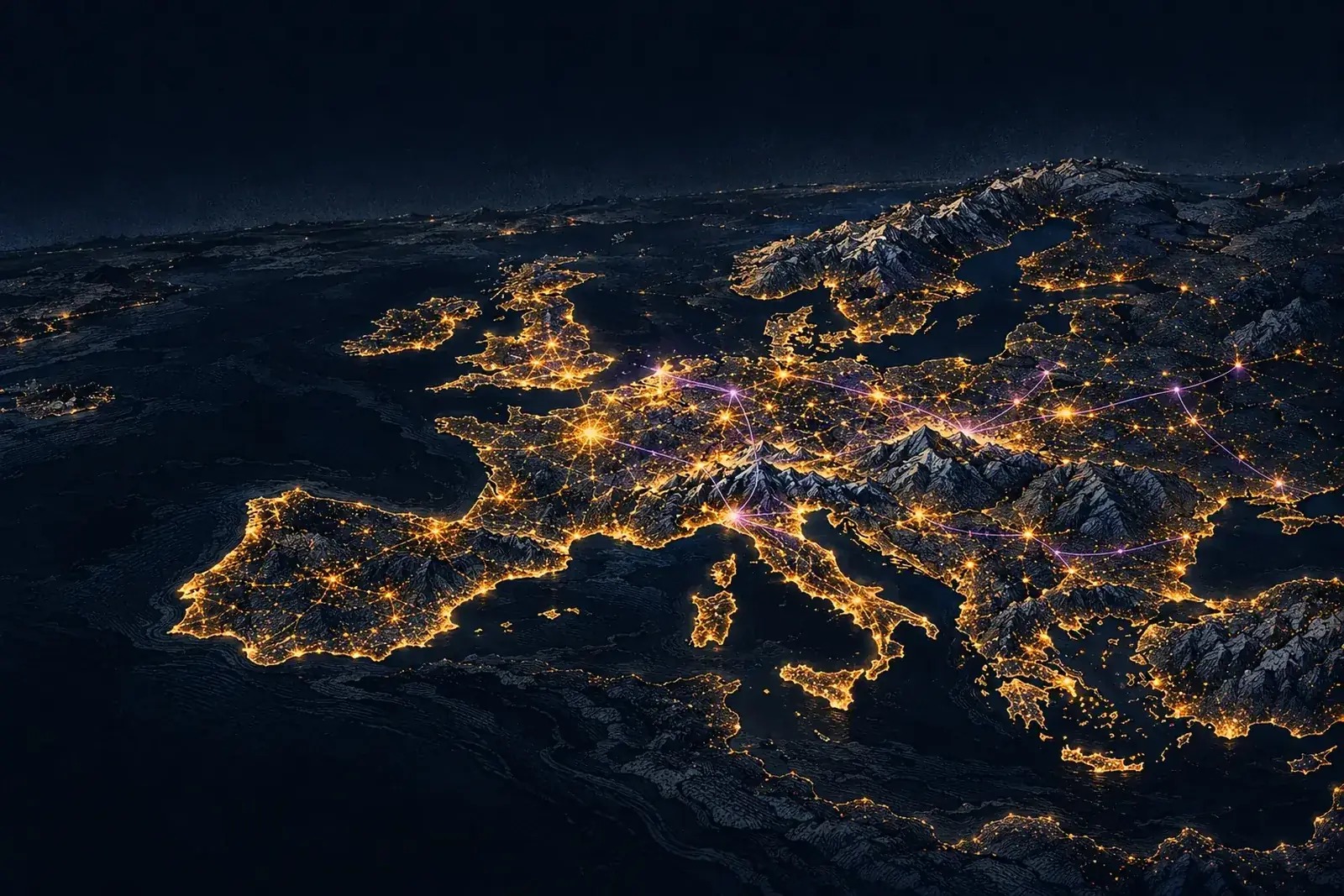 Europe at night from orbit, city lights glowing