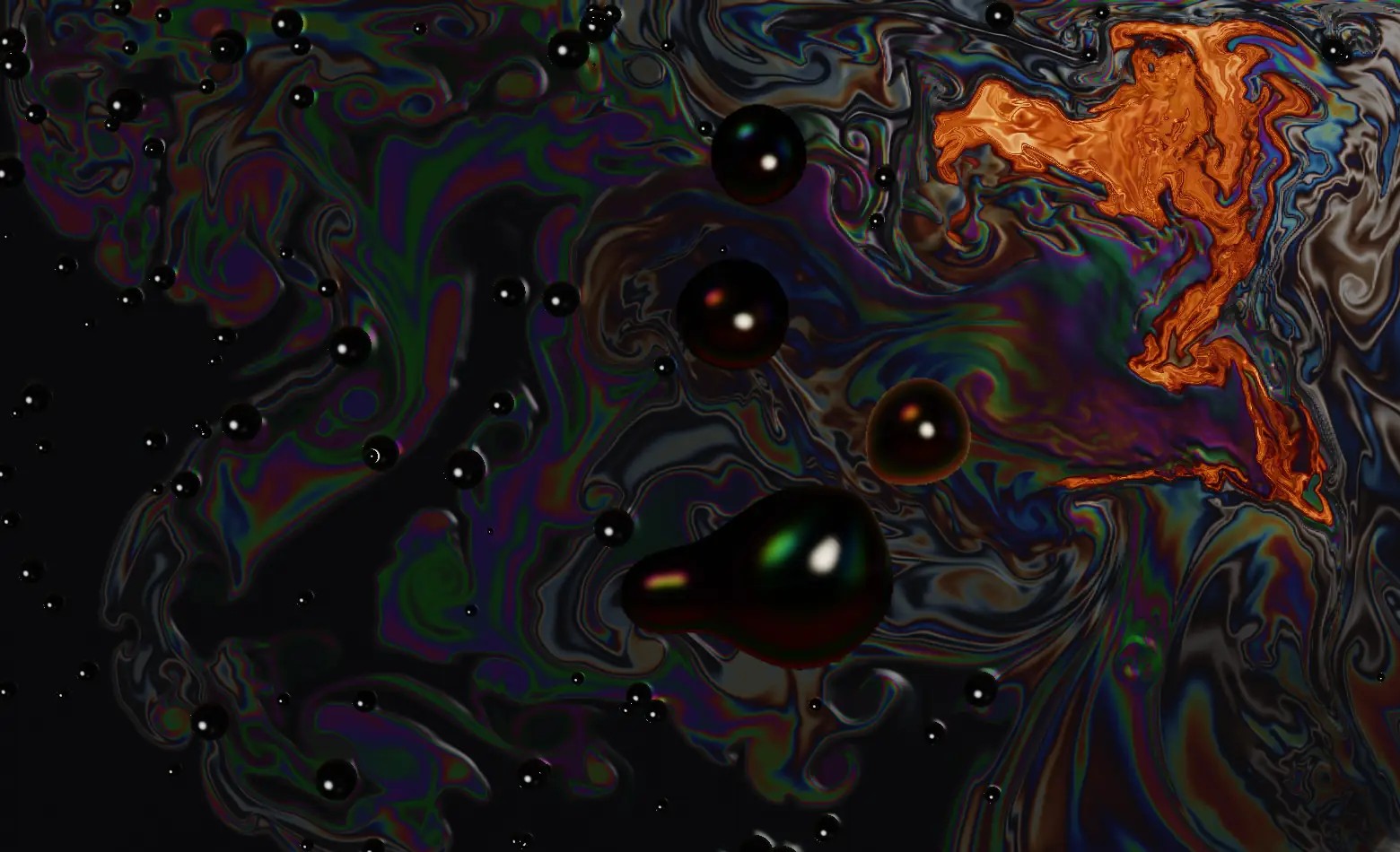Boiling oil with thin-film colours and a patch of fire